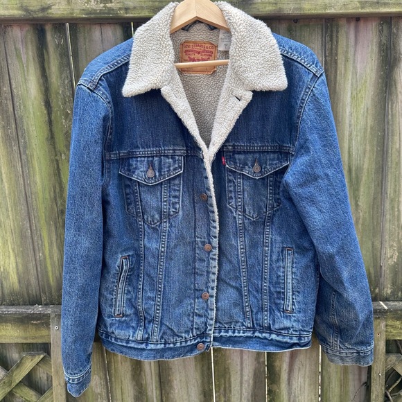 Levi's Denim Sherpa Trucker Jacket Blue Jean Lined Coat Winter Warm Size Large - Picture 1 of 10